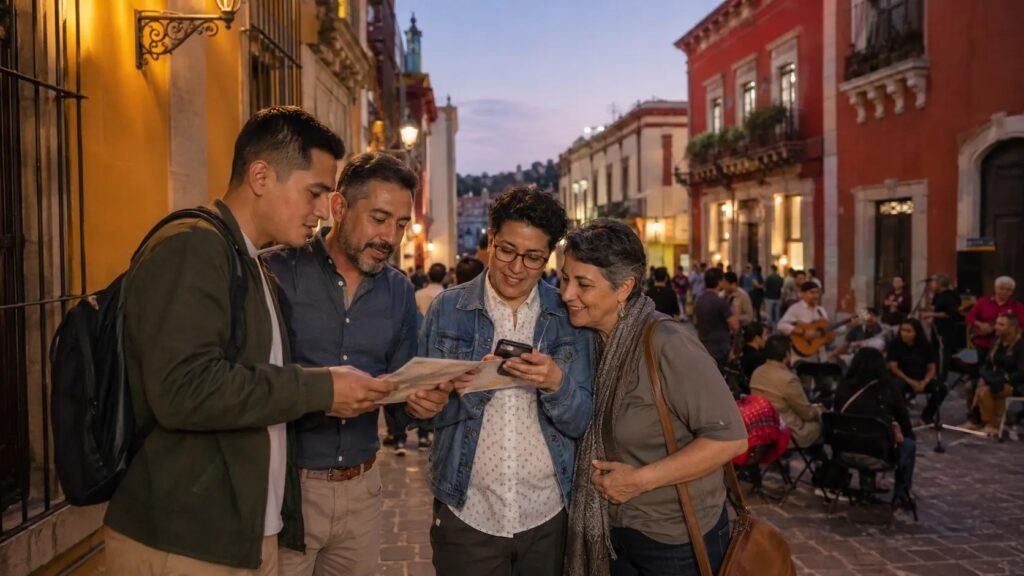 Viajeros LGBT+ mexicanos de distintas edades consultan un programa durante un festival en Guanajuato.