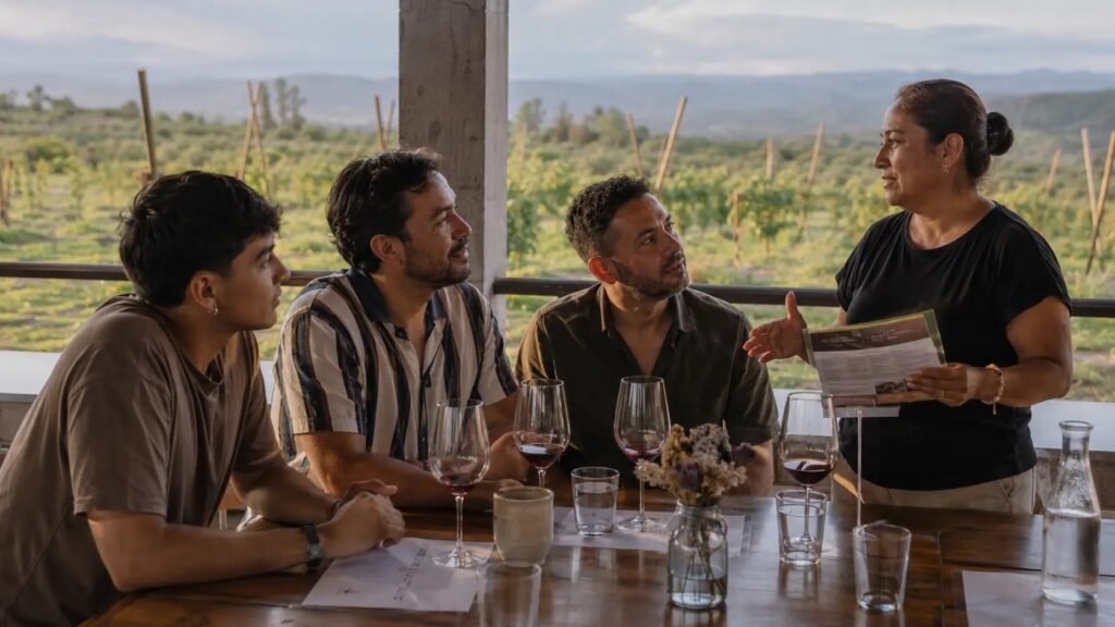 Hombres gays adultos de distintas edades conversan con una guía durante una experiencia vinícola.
