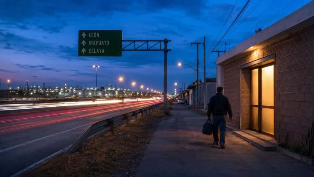 Carretera industrial del Bajío al anochecer.