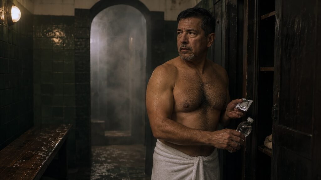 Vapor tradicional del Bajío; hombres de 20 y 57 años, con torsos desnudos y toallas, leen las reglas antes de entrar. Portada de GayGuanajuato sobre vapores y cruising.